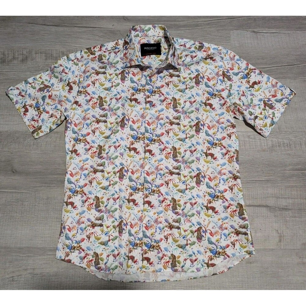 Maceoo Shirt Short Sleeve Button Down Galileo Sz 4 L Tropical Jungle White